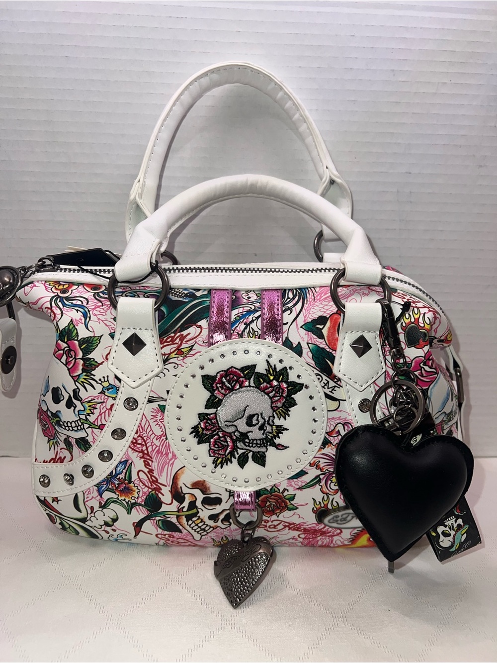 🔥🔥🔥 Ed Hardy Metallic Pink Floral Skull Satchel Handbag NWT